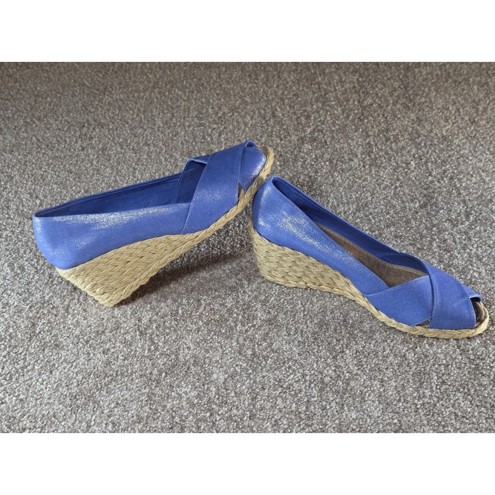 Lauren Ralph Lauren Cecilia BB Espadrille Wedge Heels Blue Linen Peep Toe Sz 12 - Picture 4 of 7